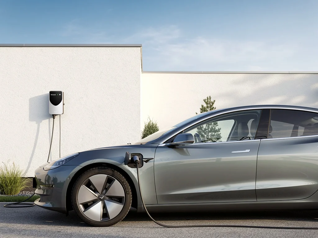 Voiture électrique en charge sur une borne fixée à la façade d'une maison