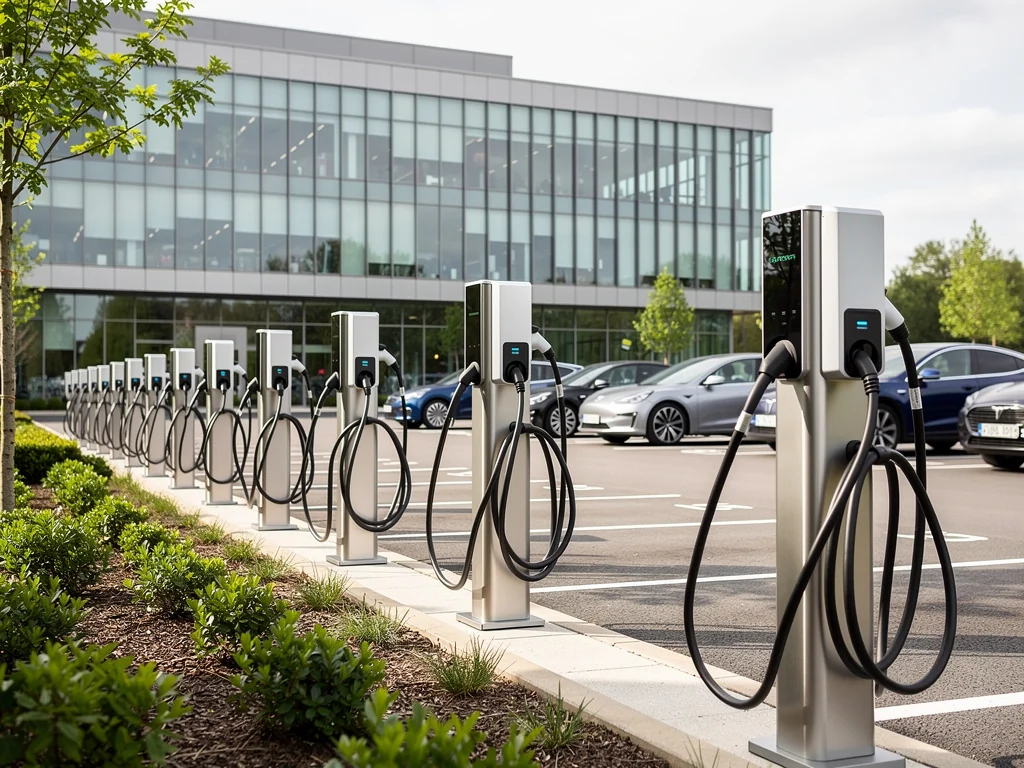 Bornes de recharge sur pied alignées sur le parking d'une entreprise