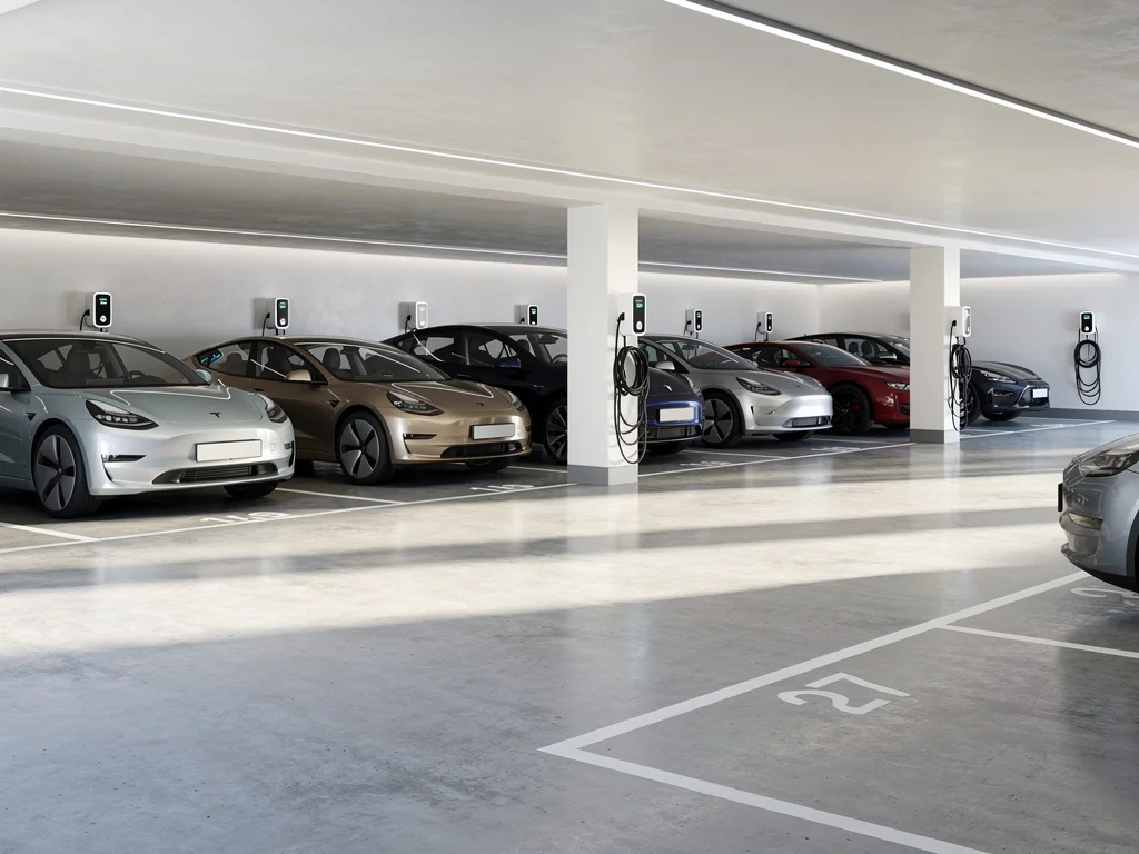 Plusieurs bornes installées dans un parking collectif d'immeuble